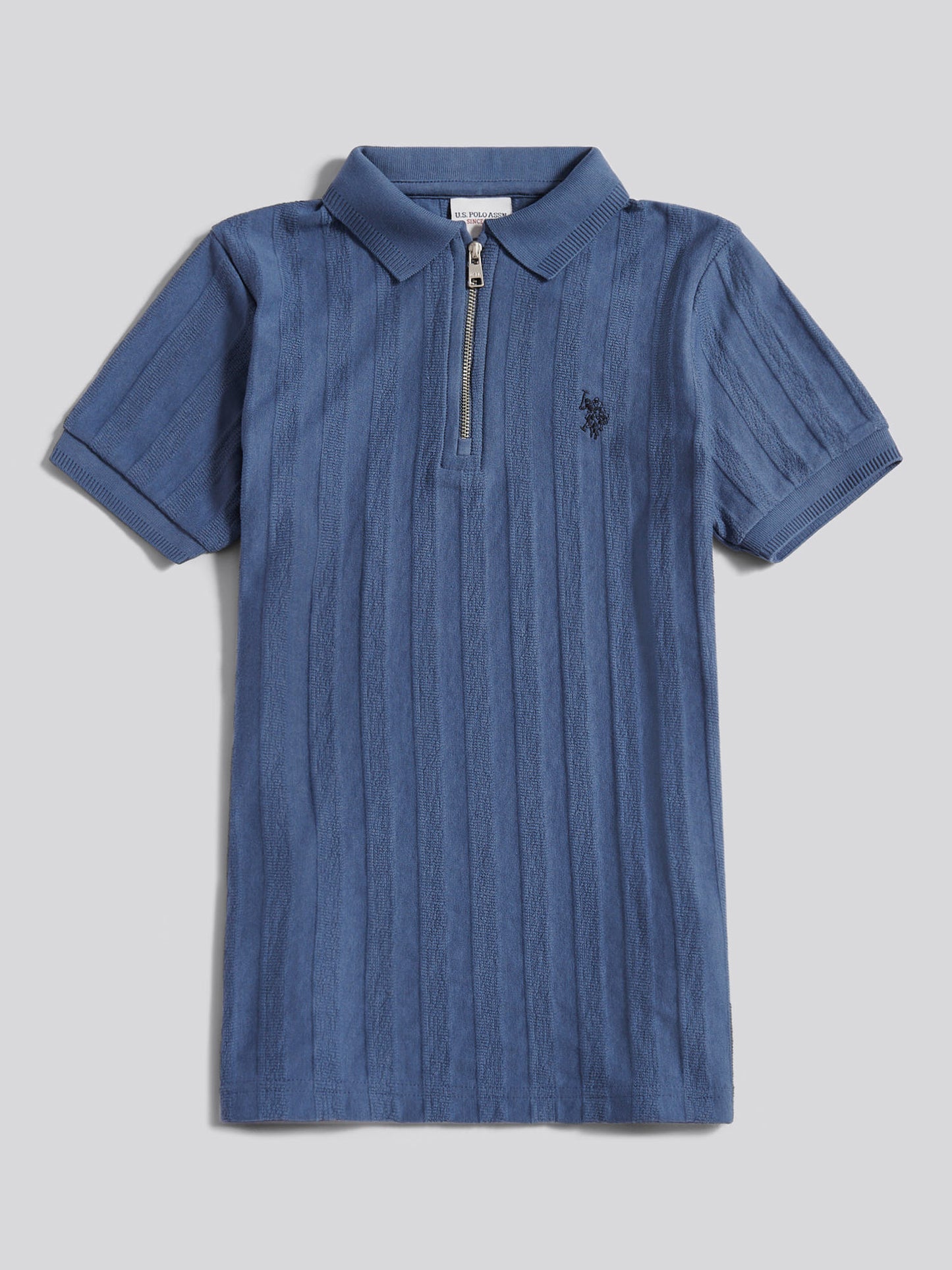 Boys Vertical Stripe Texture Zip Polo Shirt in Vintage Indigo