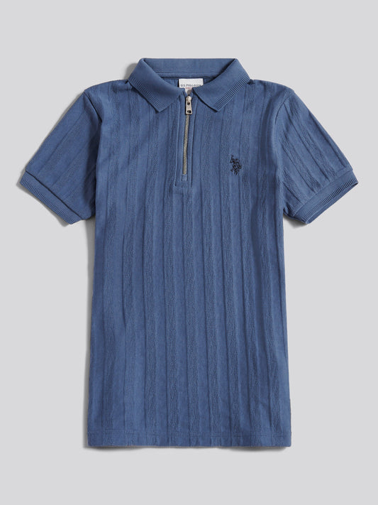 Boys Vertical Stripe Texture Zip Polo Shirt in Vintage Indigo