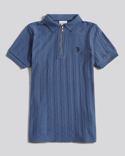 Boys Vertical Stripe Texture Zip Polo Shirt in Vintage Indigo