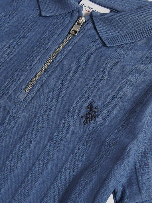 Boys Vertical Stripe Texture Zip Polo Shirt in Vintage Indigo