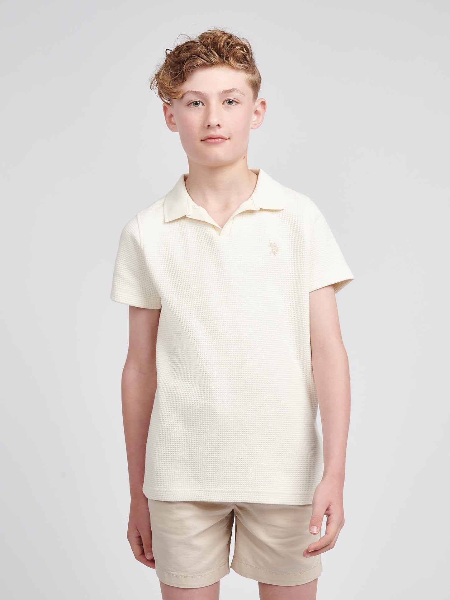 Boys Waffle Texture Open Collar Polo Shirt in Whisper White