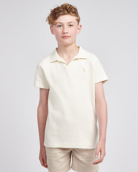 Boys Waffle Texture Open Collar Polo Shirt in Whisper White