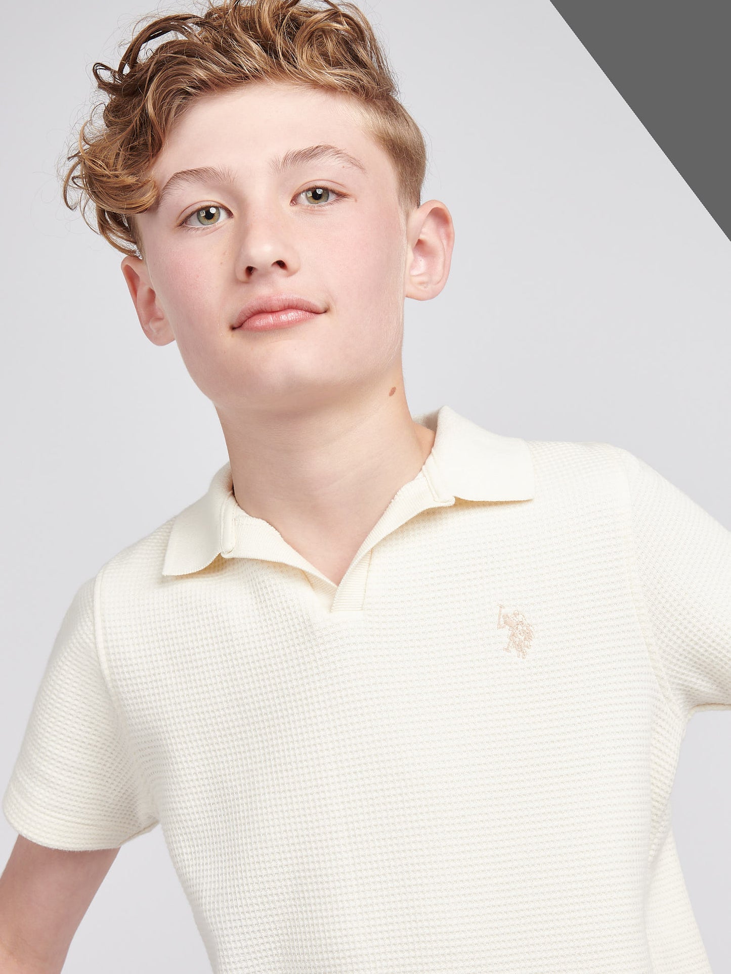 Boys Waffle Texture Open Collar Polo Shirt in Whisper White