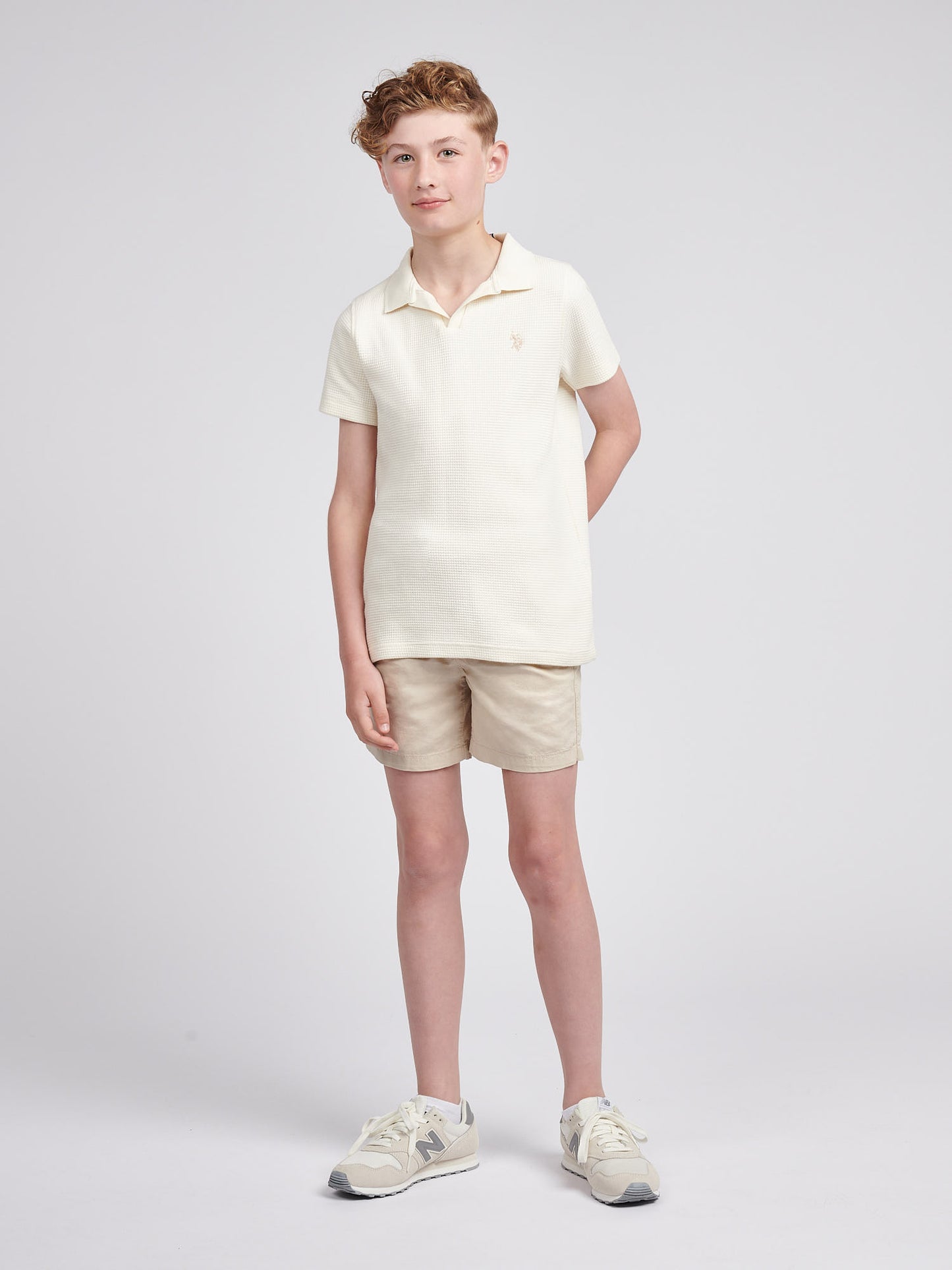 Boys Waffle Texture Open Collar Polo Shirt in Whisper White