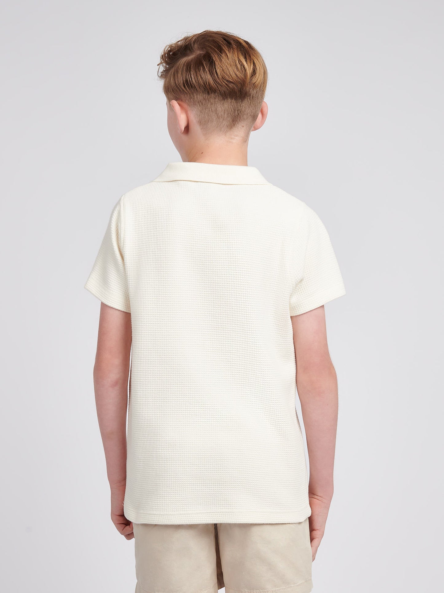 Boys Waffle Texture Open Collar Polo Shirt in Whisper White