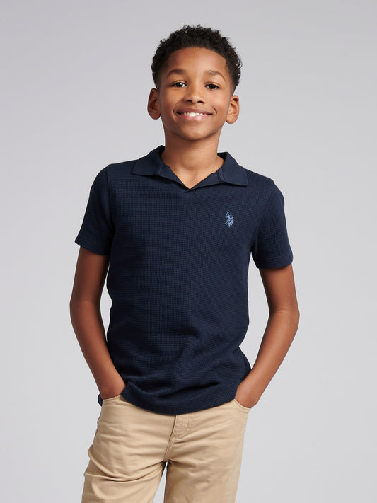 Boys Waffle Texture Open Collar Polo Shirt in Dark Sapphire Navy / Moonlight Blue DHM