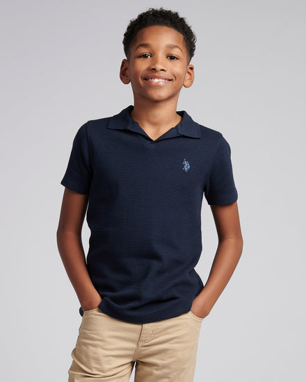 Boys Waffle Texture Open Collar Polo Shirt in Dark Sapphire Navy / Moonlight Blue DHM