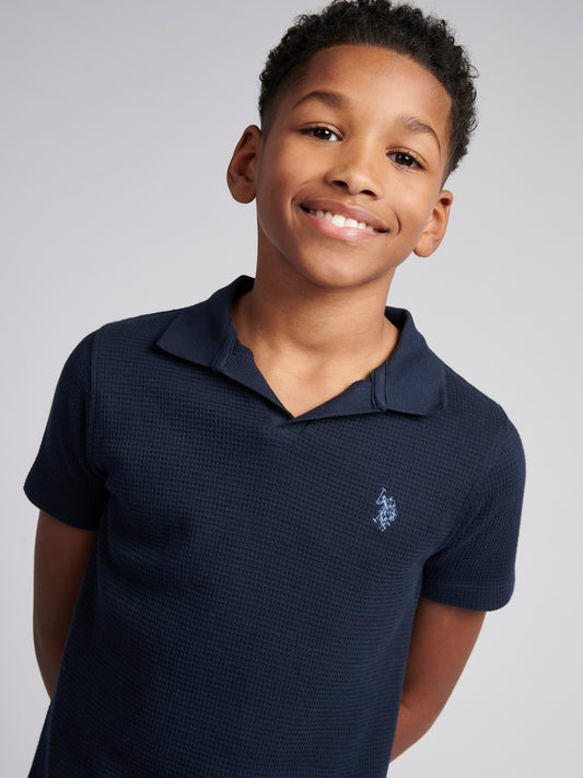 Boys Waffle Texture Open Collar Polo Shirt in Dark Sapphire Navy / Moonlight Blue DHM