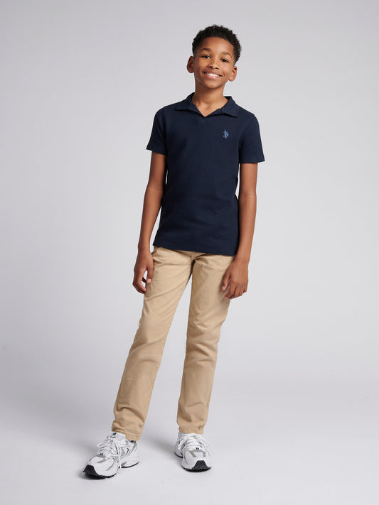 Boys Waffle Texture Open Collar Polo Shirt in Dark Sapphire Navy / Moonlight Blue DHM