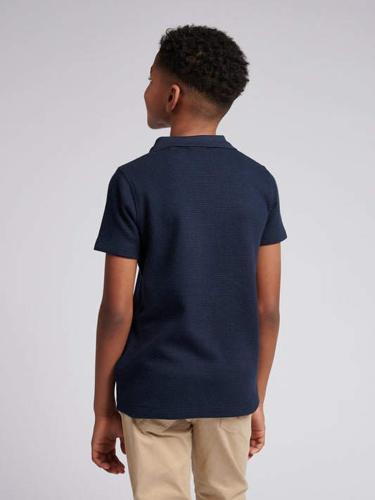 Boys Waffle Texture Open Collar Polo Shirt in Dark Sapphire Navy / Moonlight Blue DHM