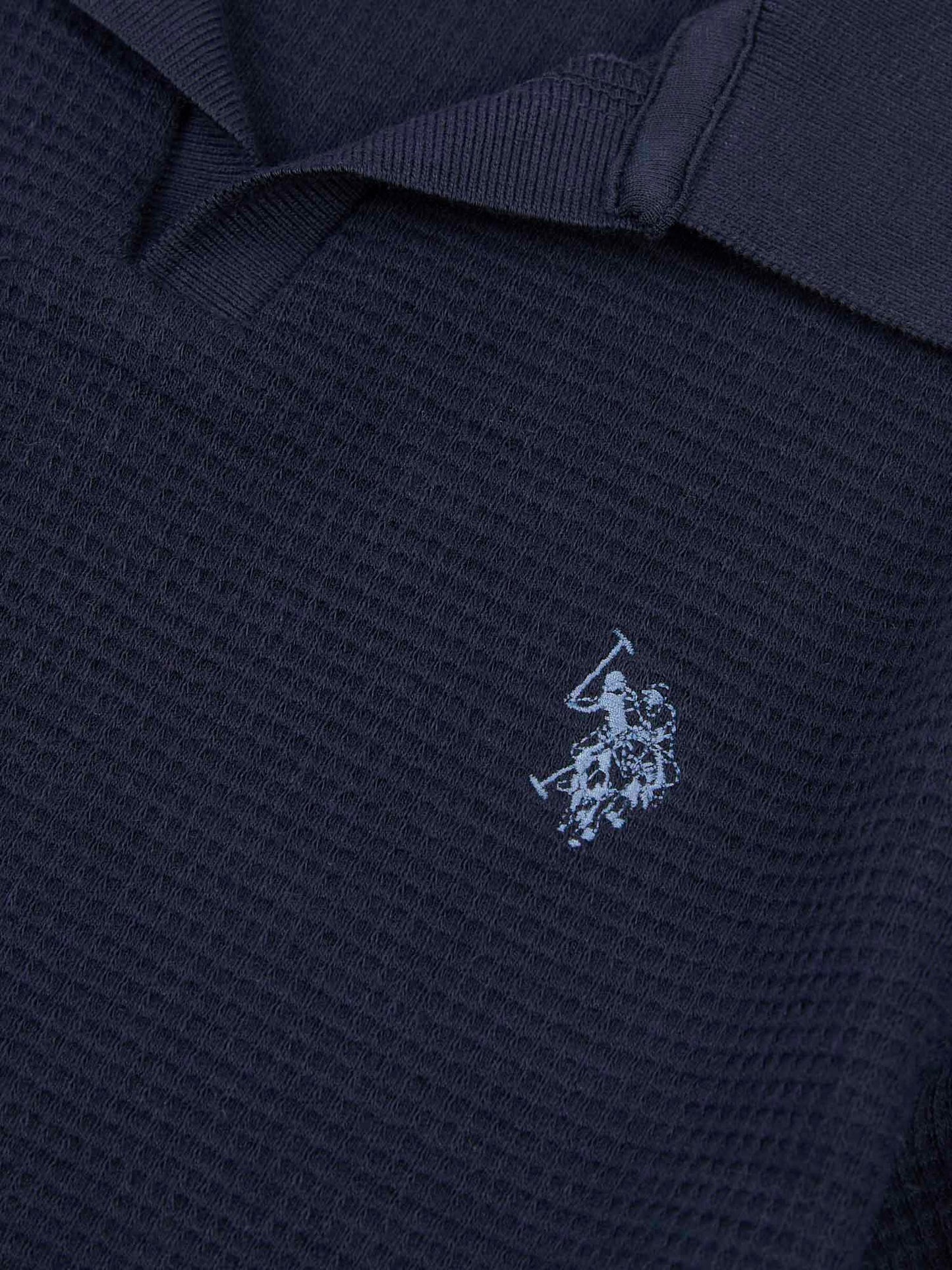 Boys Waffle Texture Open Collar Polo Shirt in Dark Sapphire Navy / Moonlight Blue DHM