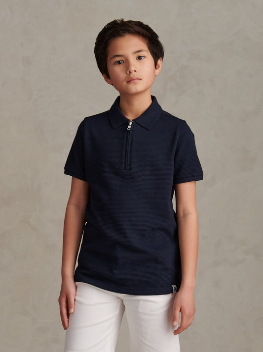 Boys Popcorn Texture Zip Polo Shirt Dark Sapphire Navy