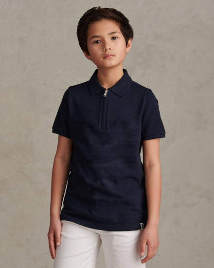 Boys Popcorn Texture Zip Polo Shirt Dark Sapphire Navy