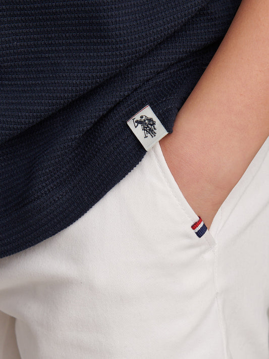 Boys Popcorn Texture Zip Polo Shirt Dark Sapphire Navy