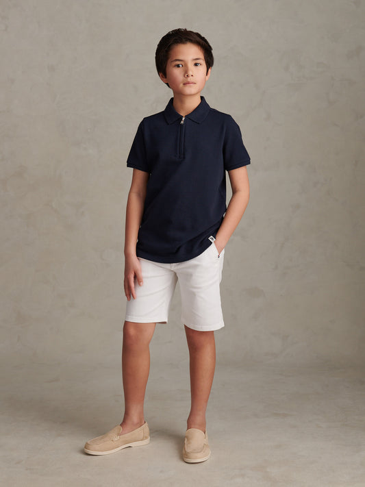 Boys Popcorn Texture Zip Polo Shirt Dark Sapphire Navy