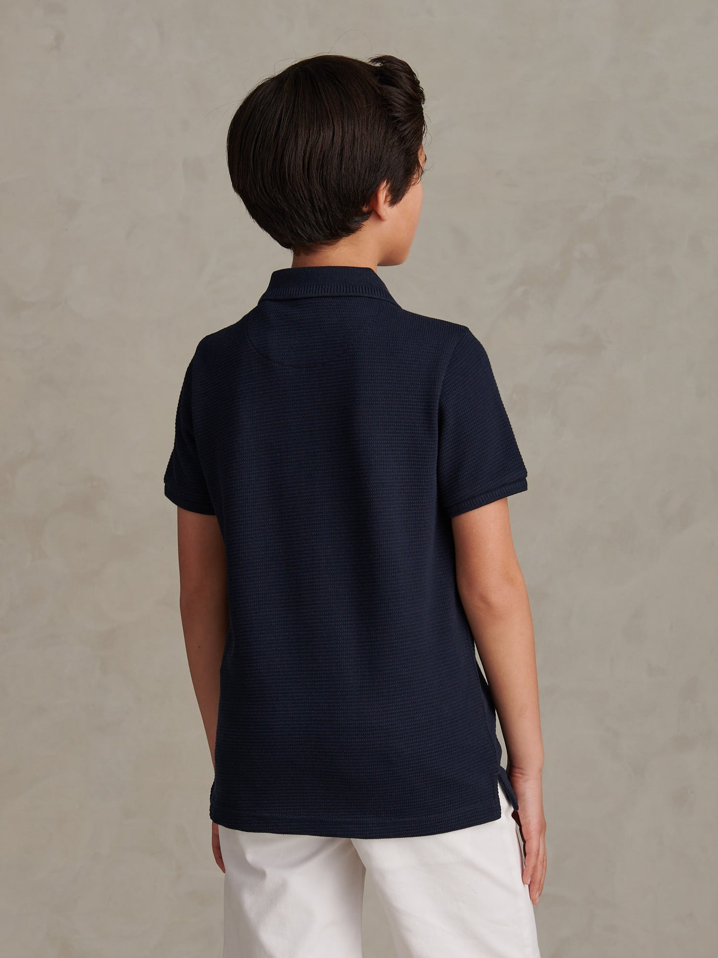 Boys Popcorn Texture Zip Polo Shirt Dark Sapphire Navy