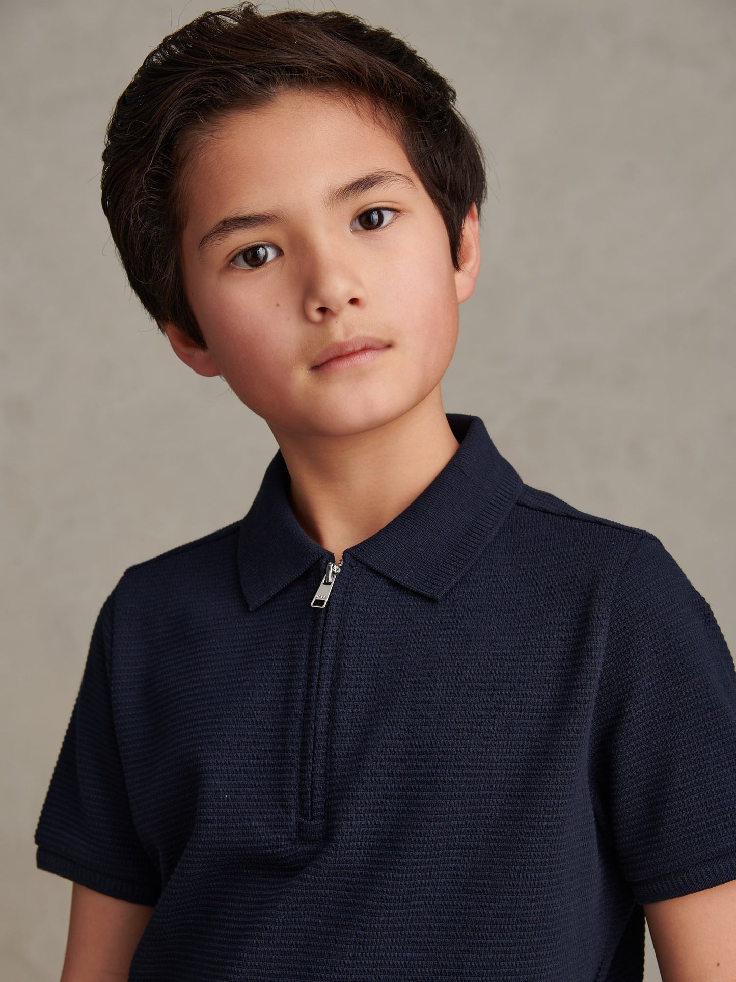 Boys Popcorn Texture Zip Polo Shirt Dark Sapphire Navy