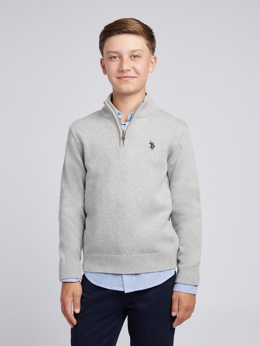 Boys Double Horsemen Knit 1/4 Zip in Mid Grey Marl