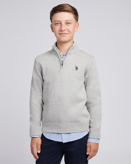 Boys Double Horsemen Knit 1/4 Zip in Mid Grey Marl