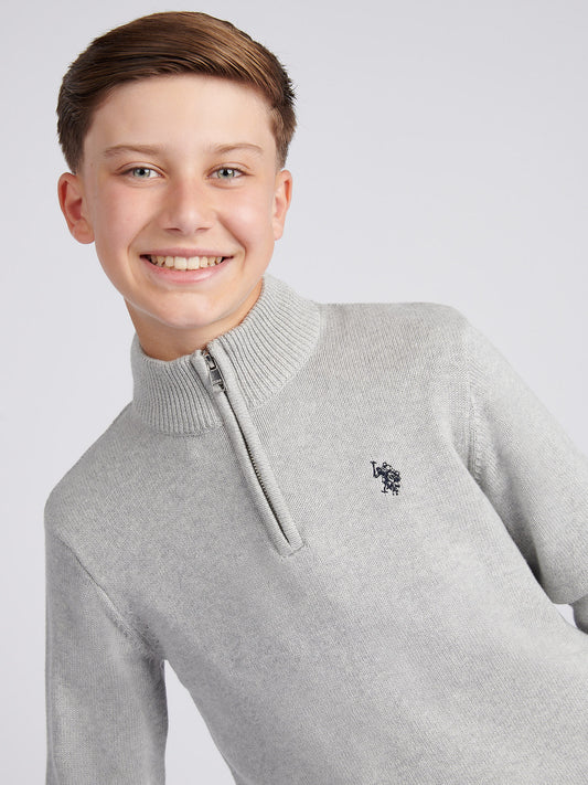 Boys Double Horsemen Knit 1/4 Zip in Mid Grey Marl