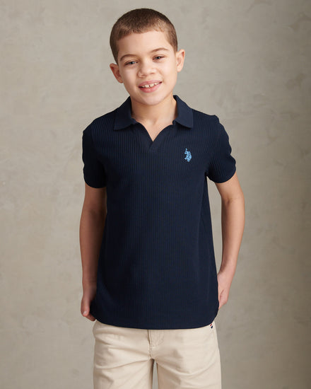 Boys Textured Open Collar Polo Shirt Dark Sapphire Navy