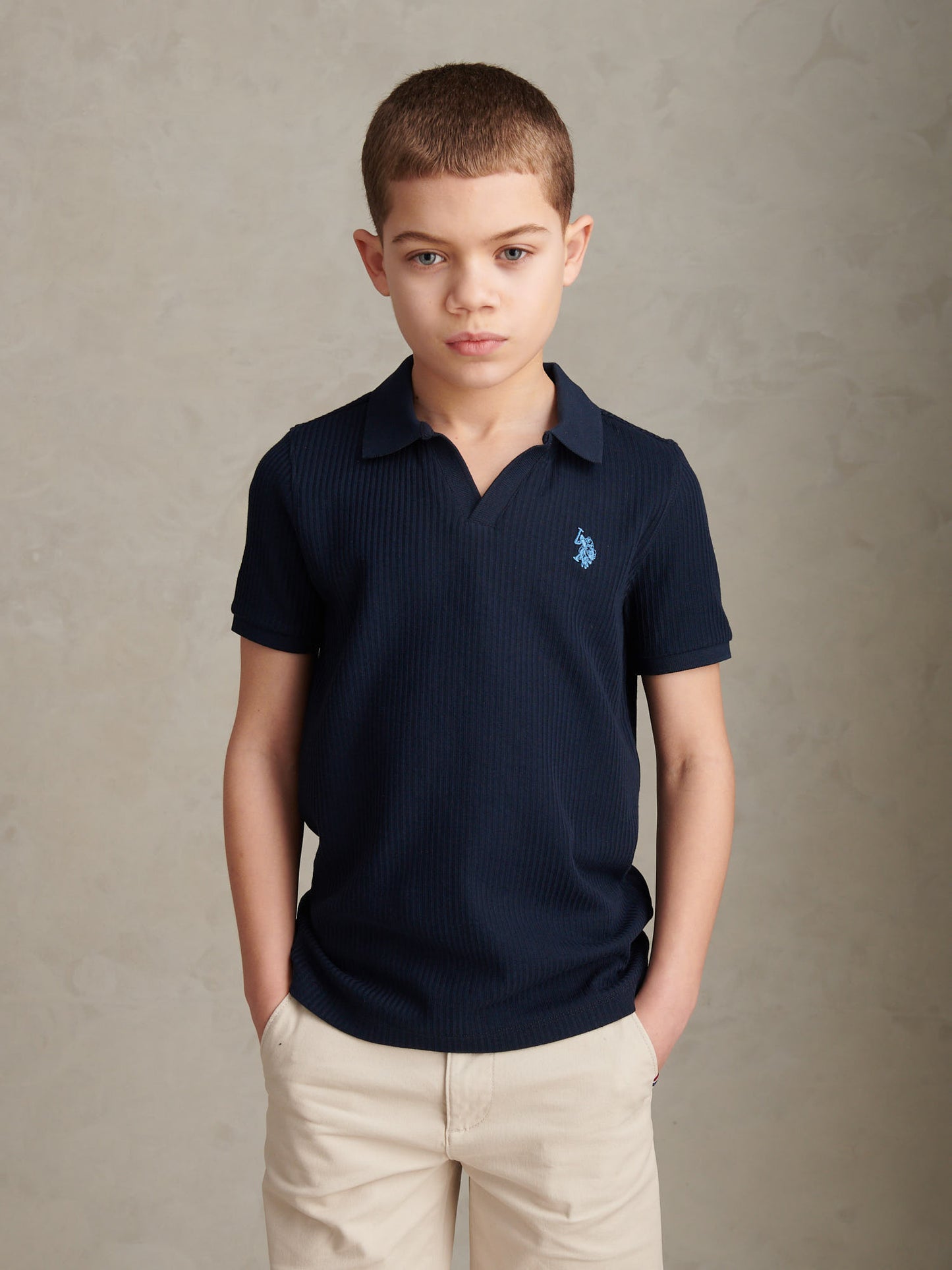 Boys Textured Open Collar Polo Shirt Dark Sapphire Navy