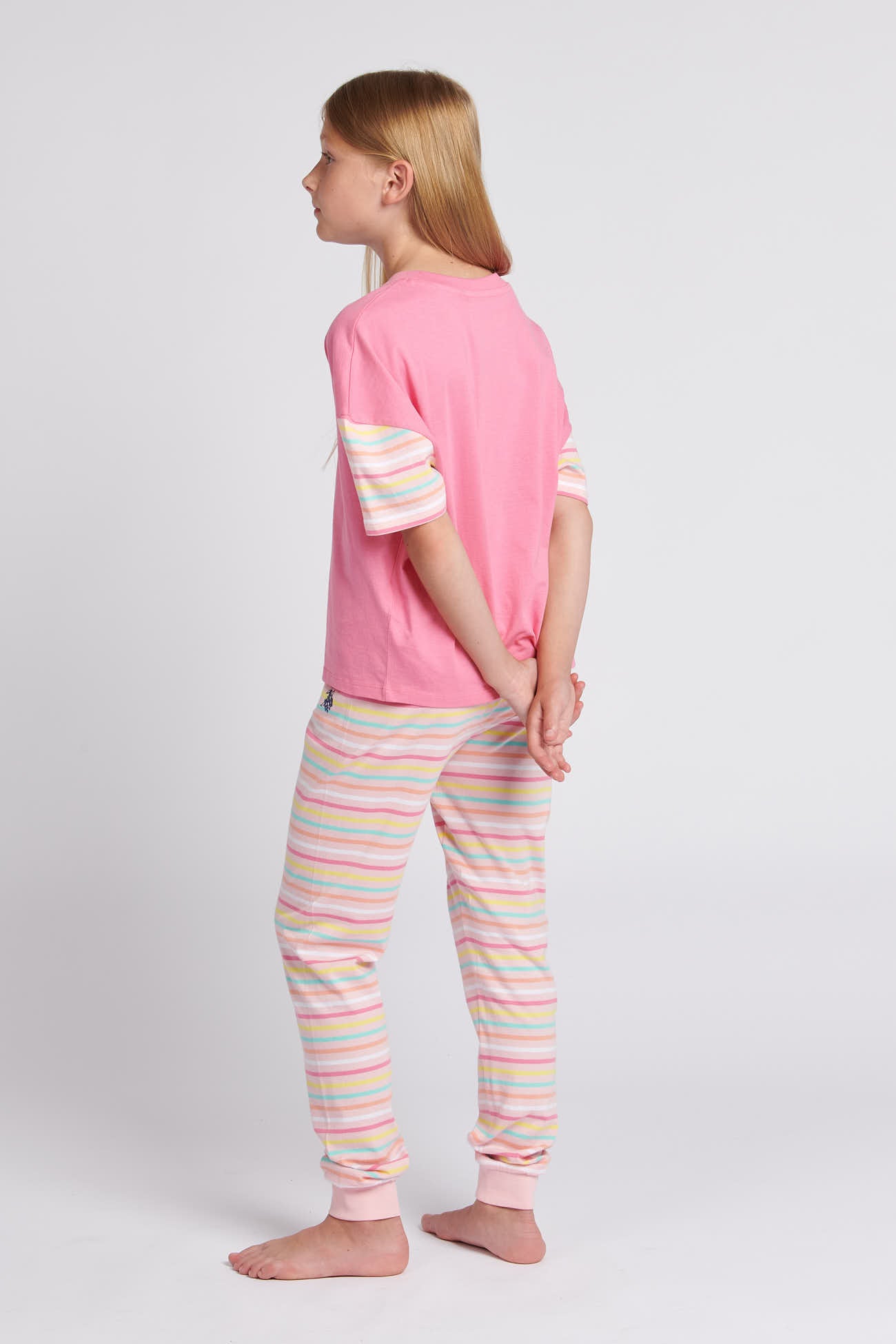 Girls Tee And Stripe Legging Lounge Set in Orchid Pink