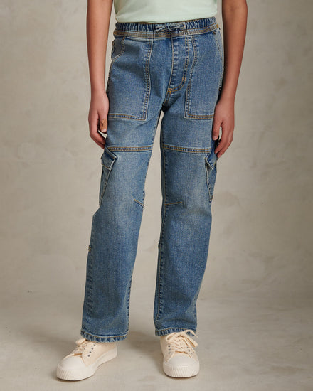 Boys Cargo Fit Stretch Jeans Worn Wash
