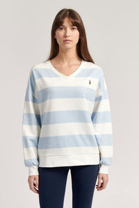 Womens Striped V-Neck Sweatshirt in Skyway