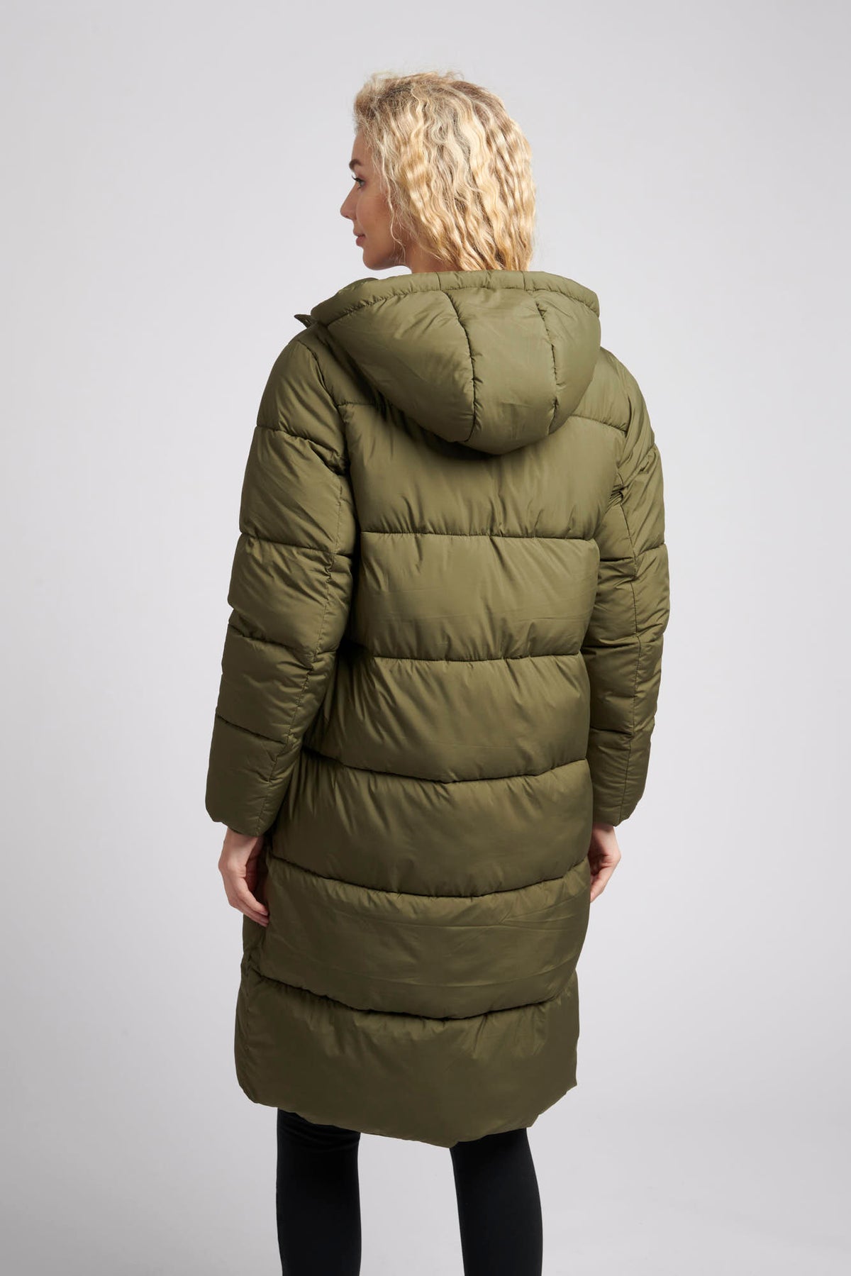 Womens Long Line Puffer Coat in Olive Night
