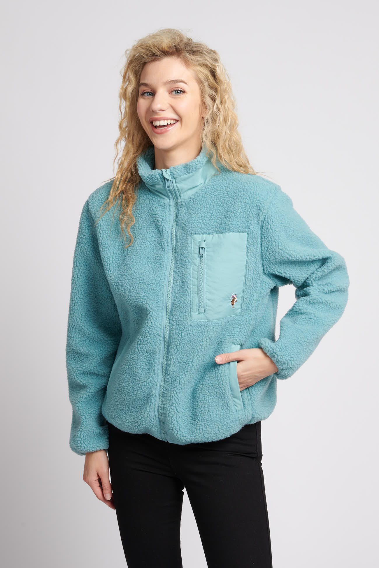 Womens Zip-Up Teddy Jacket in Cameo Blue