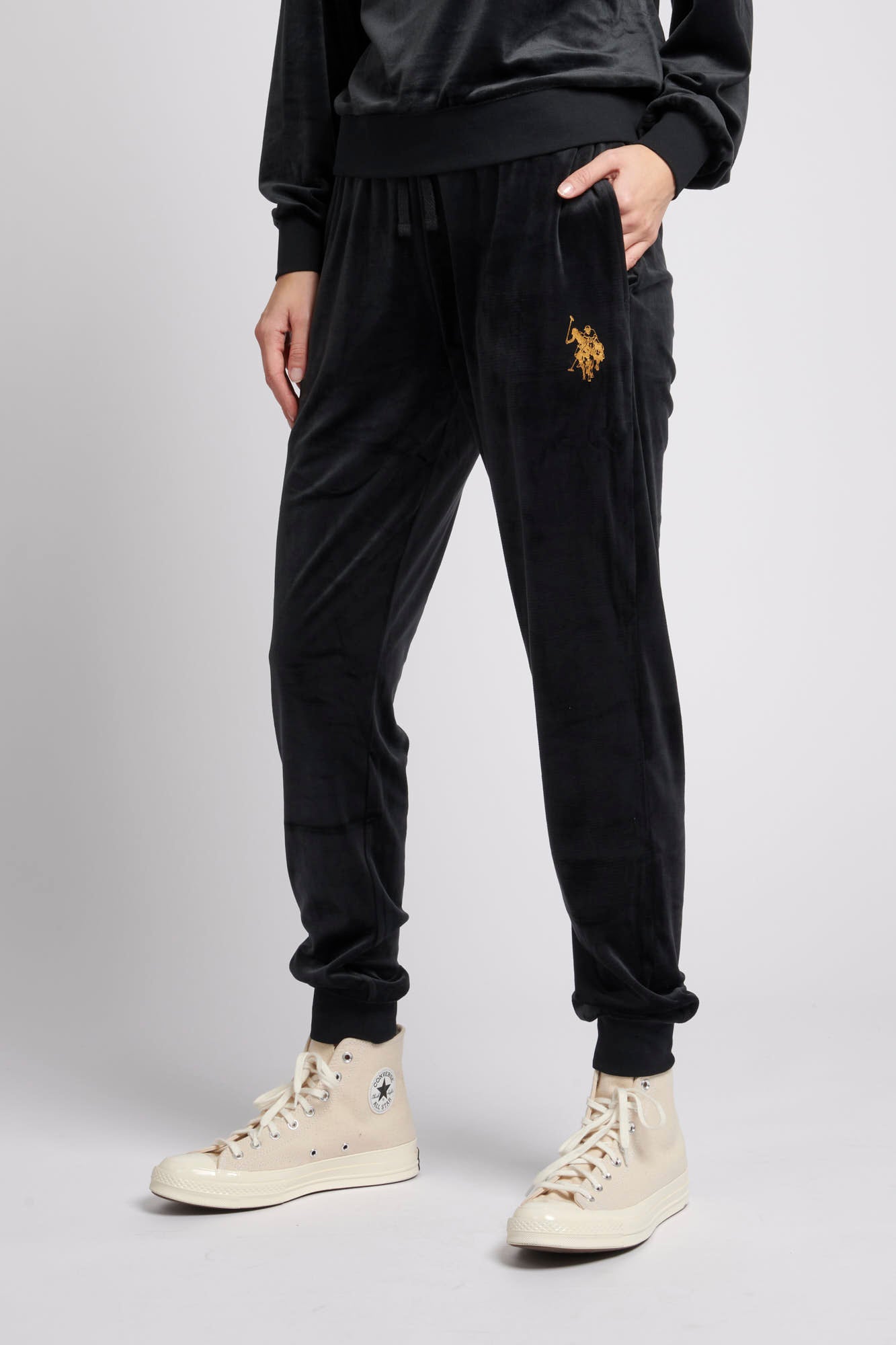 Womens Velour Gold Logo Slim Fit Joggers in Black