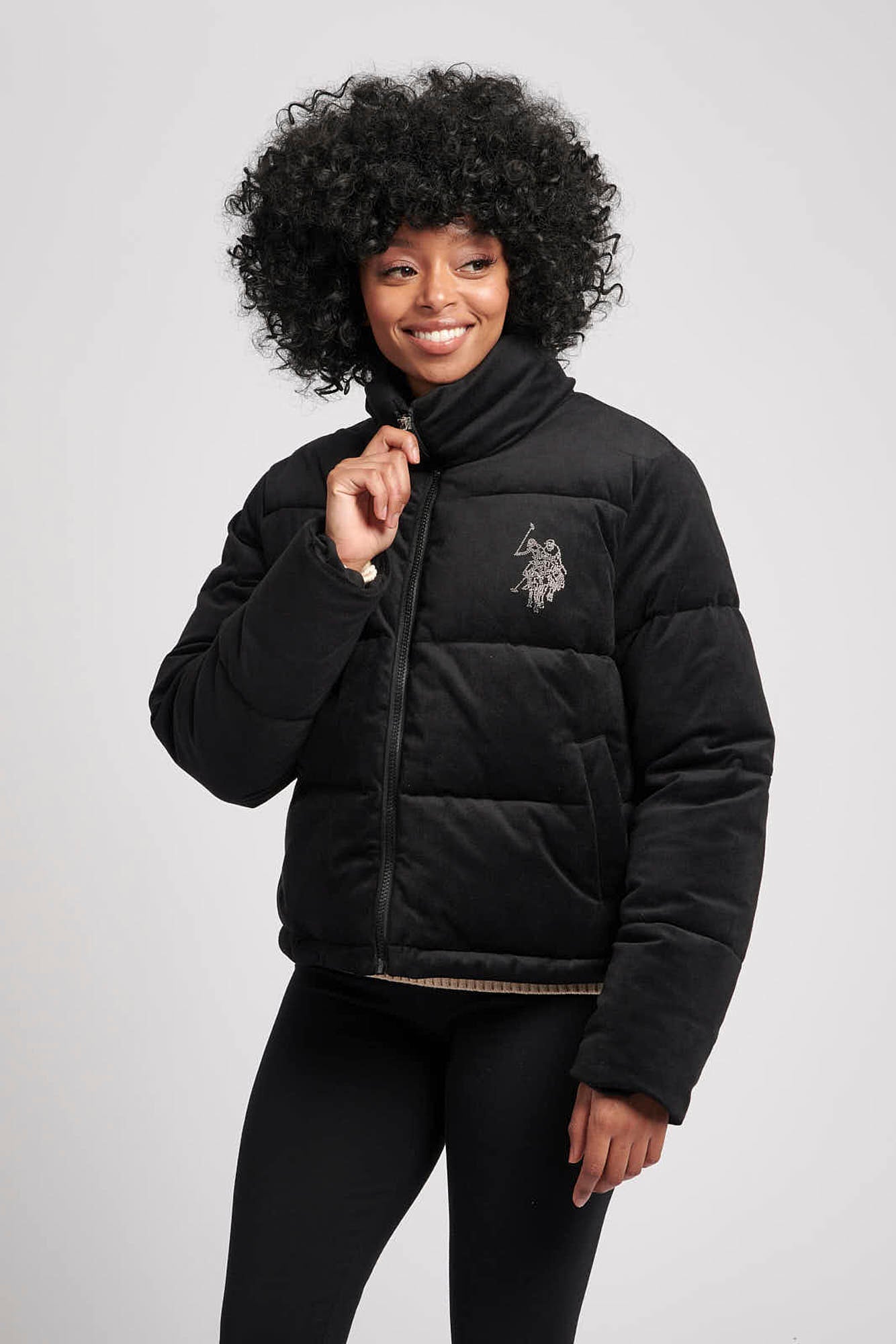 Womens Velour Diamante Puffer Jacket in Black – U.S. Polo Assn. UK