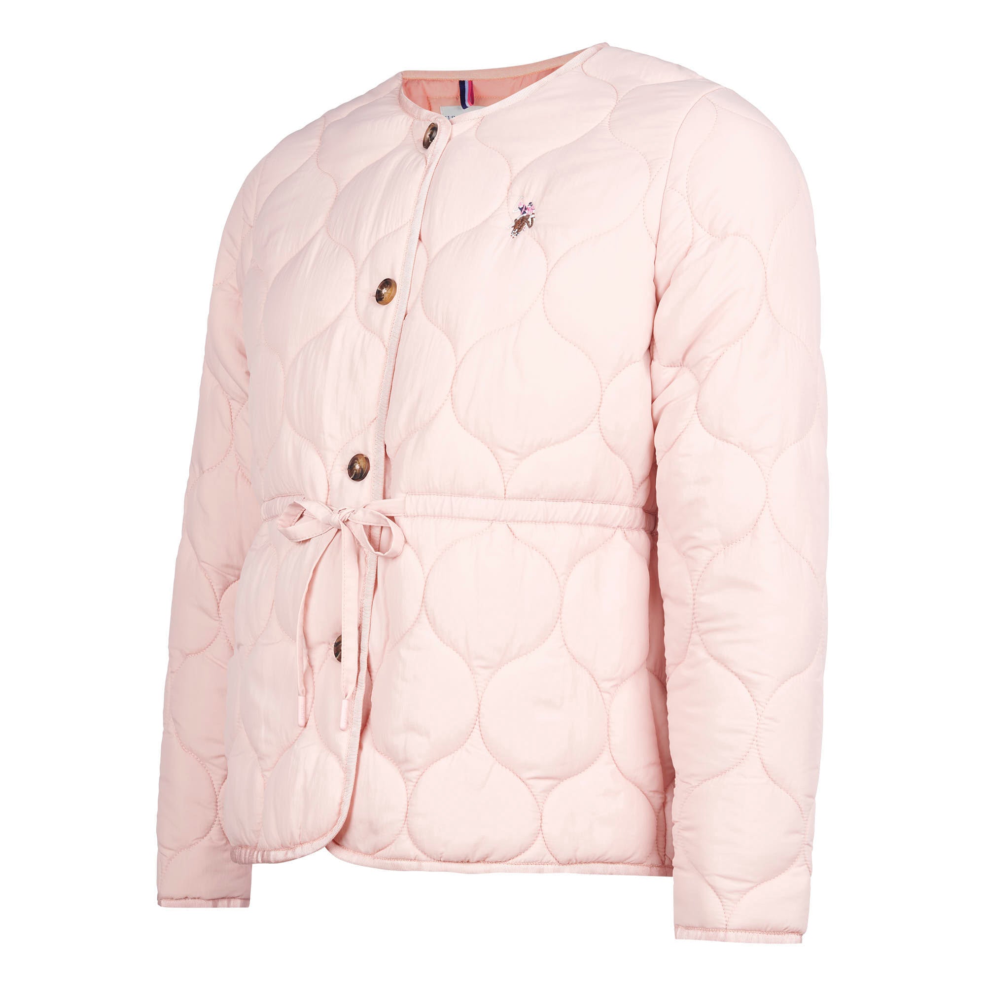 Womens Drawstring Waist Quilted Jacket in Silver Pink