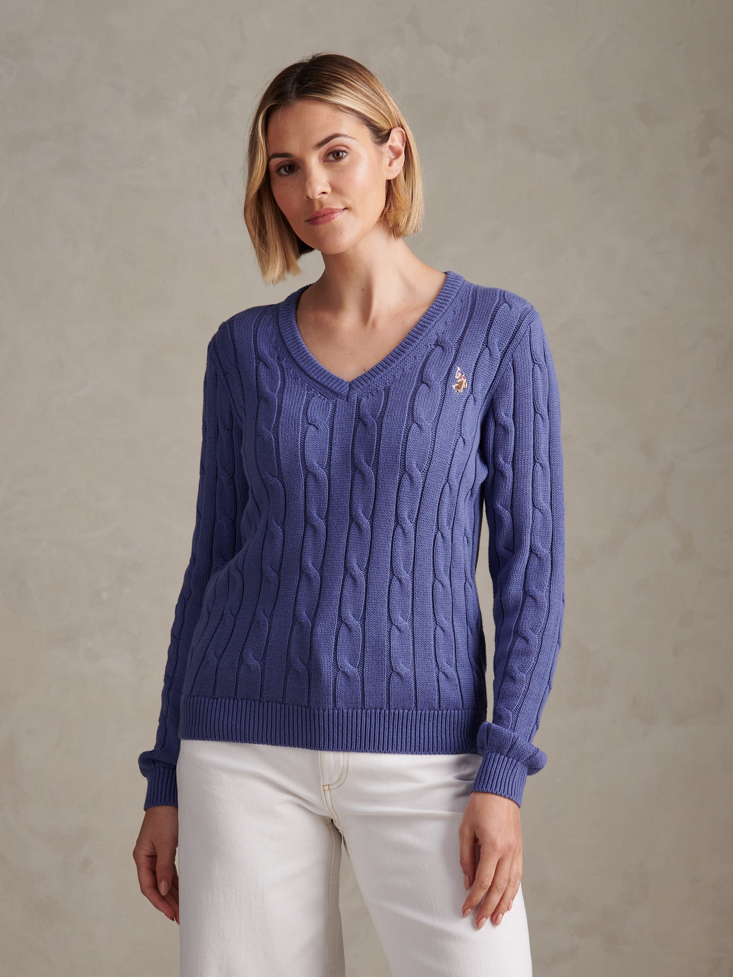 Womens V-Neck Cable Jumper Marlin