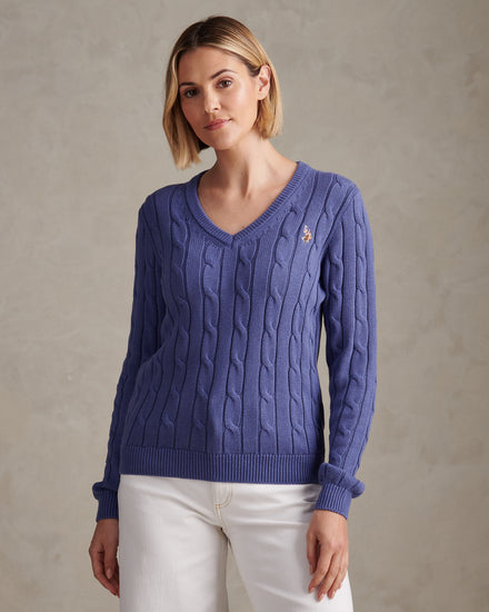 Womens V-Neck Cable Jumper Marlin
