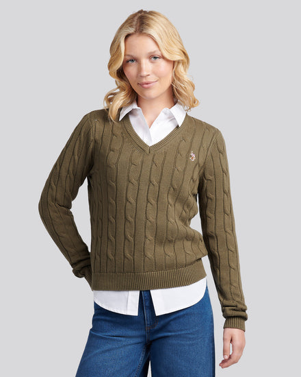 Womens V-Neck Cable Jumper in Kalamata Green