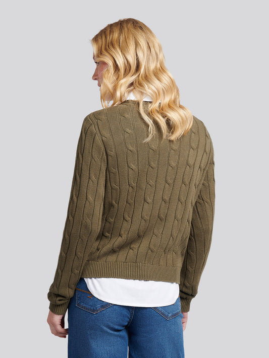 Womens V-Neck Cable Jumper in Kalamata Green