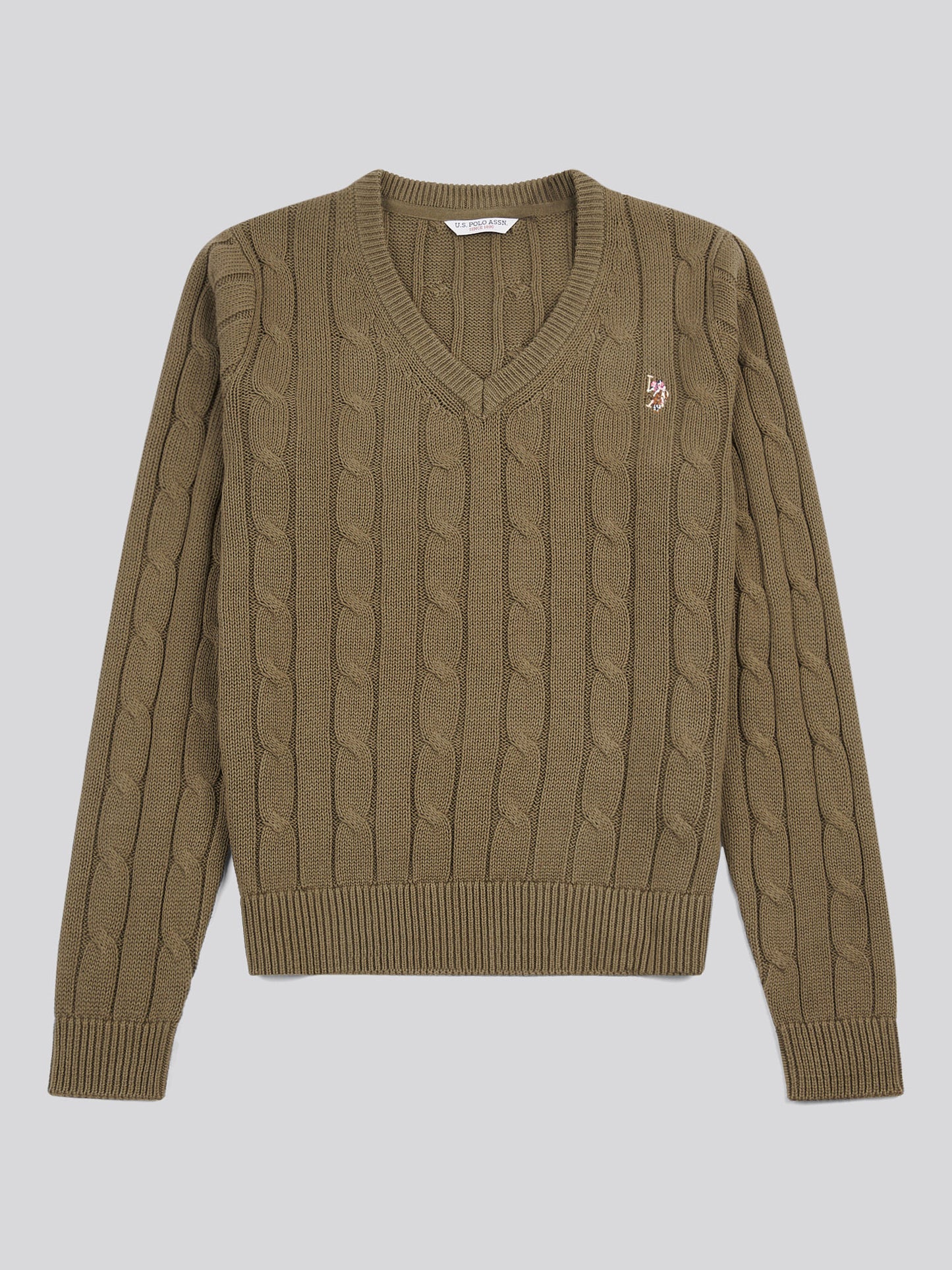 Womens V-Neck Cable Jumper in Kalamata Green