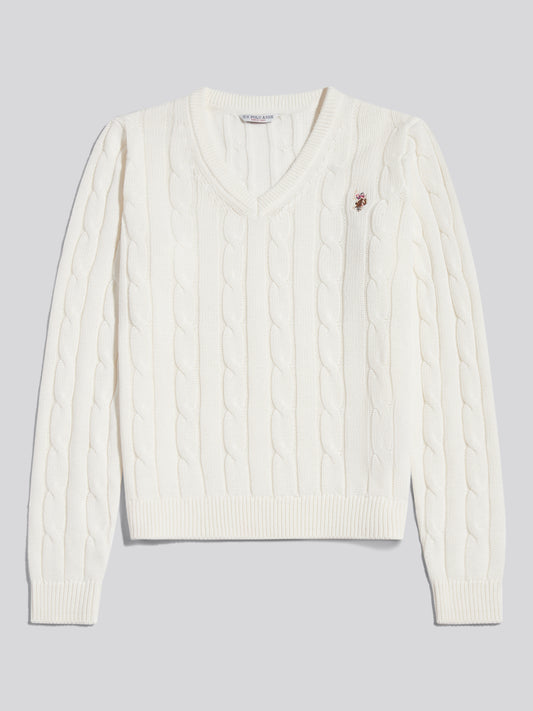 Womens V-Neck Cable Jumper Marshmallow
