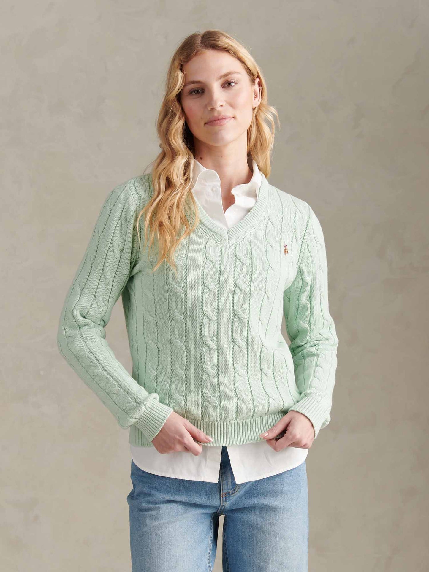 Womens V-Neck Cable Jumper Misty Jade