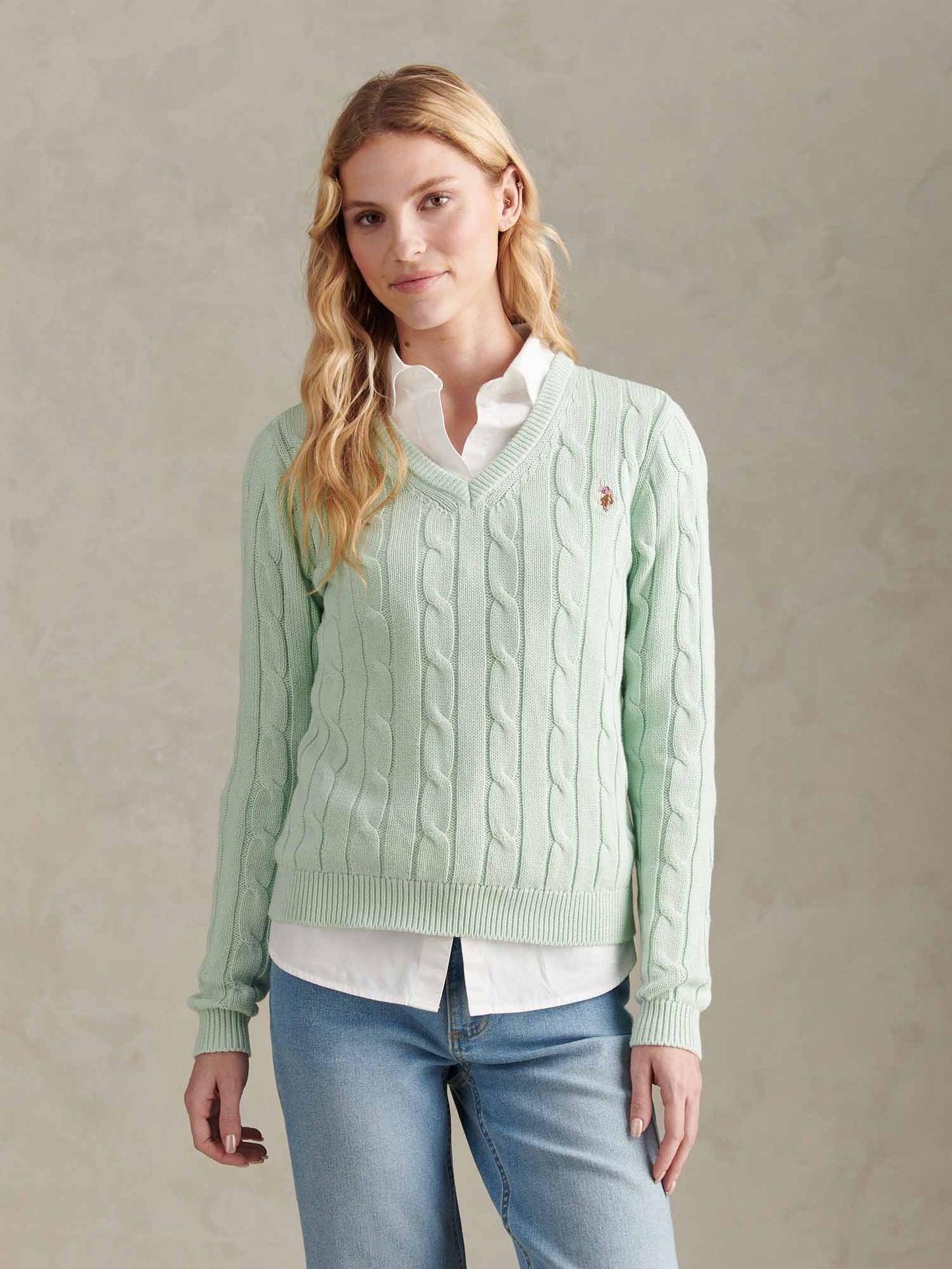 Womens V-Neck Cable Jumper Misty Jade