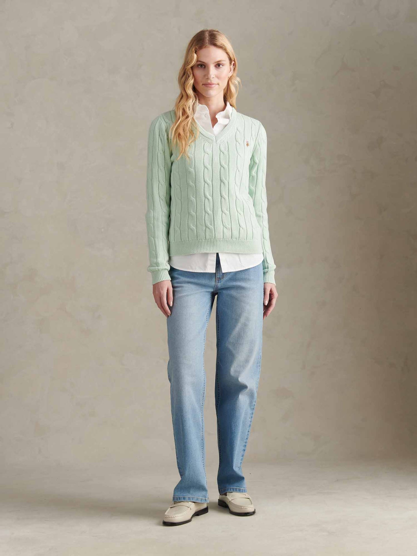 Womens V-Neck Cable Jumper Misty Jade
