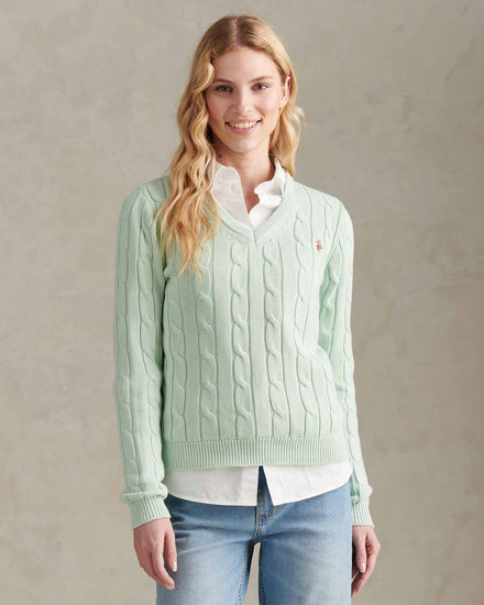 Womens V-Neck Cable Jumper Misty Jade