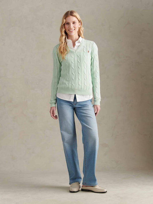 Womens V-Neck Cable Jumper Misty Jade
