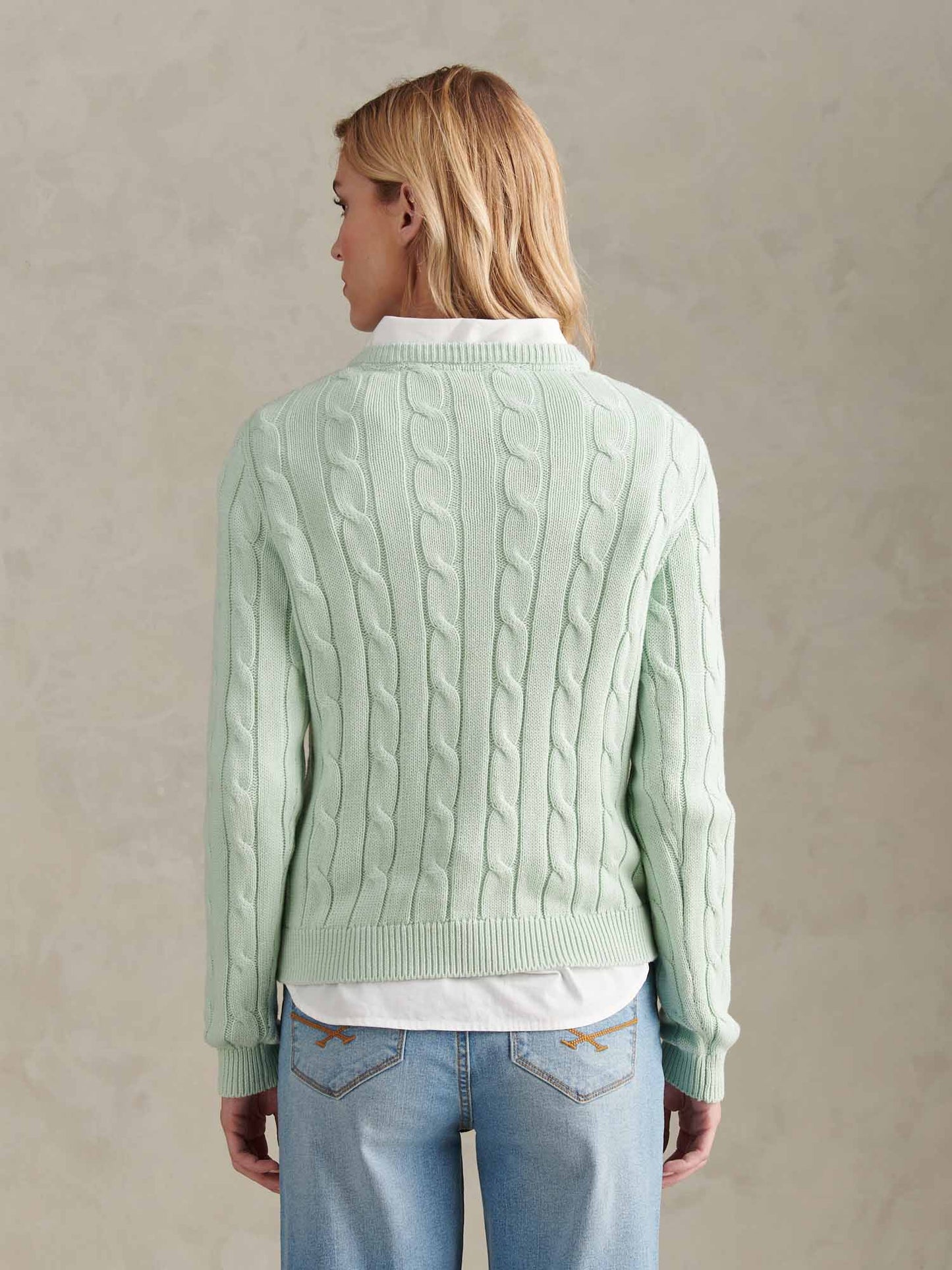 Womens V-Neck Cable Jumper Misty Jade