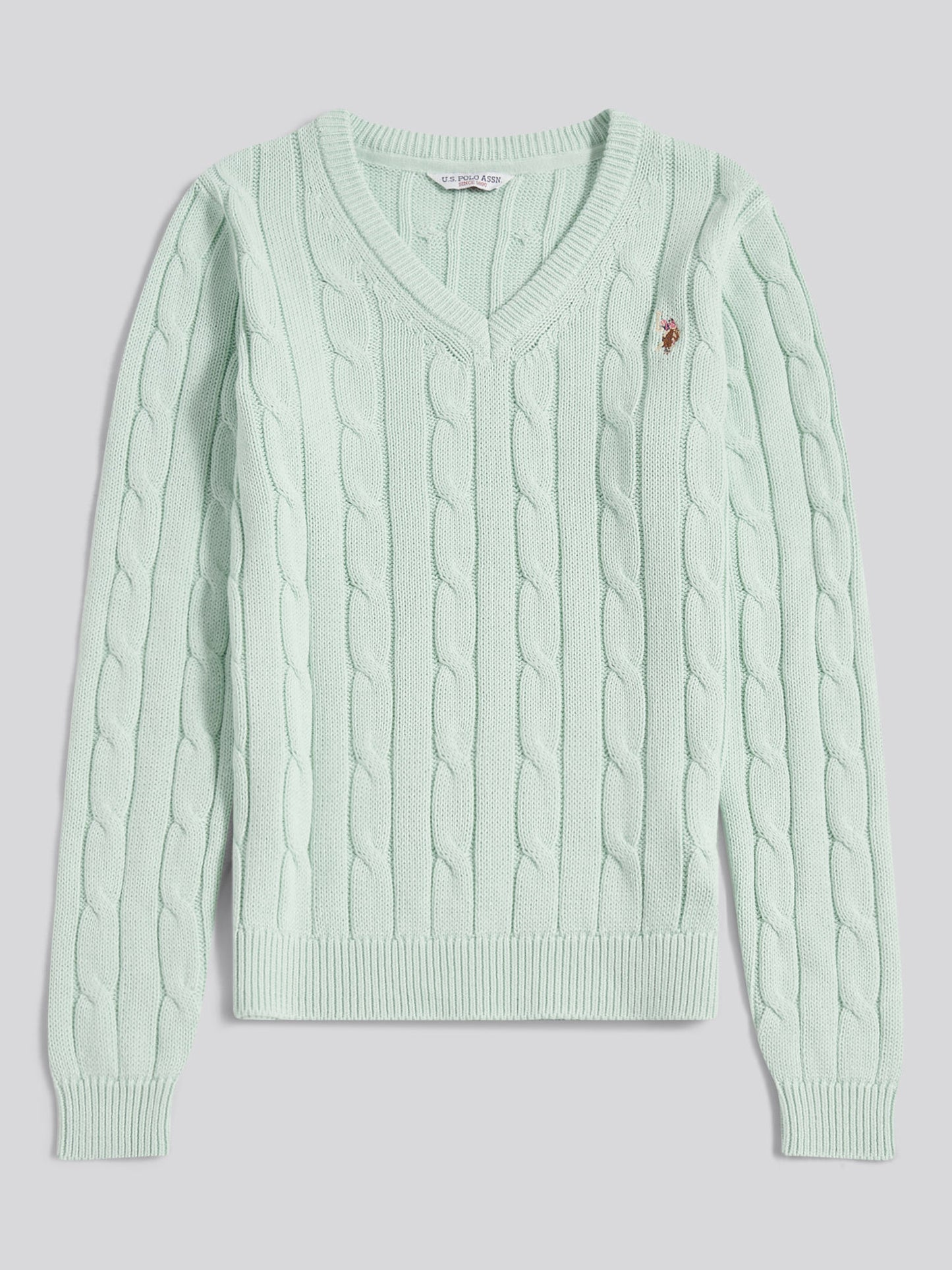 Womens V-Neck Cable Jumper Misty Jade