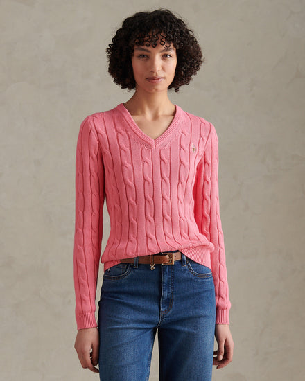 Womens V-Neck Cable Jumper Bubblegum