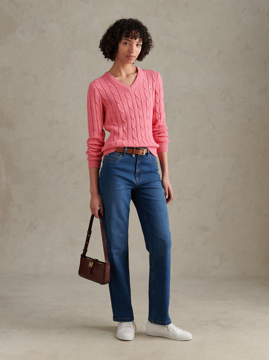 Womens V-Neck Cable Jumper Bubblegum