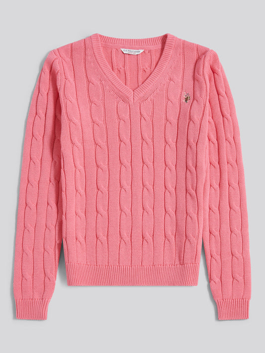 Womens V-Neck Cable Jumper Bubblegum